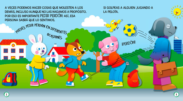 Páginas libro infantil Pido perdón y siempre saludo, emociones en preescolar, educacion emocional infantil, inteligencia emocional en infantil, emociones basicas infantil, inteligencia emocional infancia